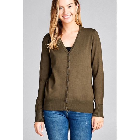 Sweaters - Basic Military Green V-Neck Button Up Cardigan